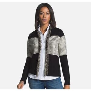 Chico's Women's sz XL (3) Arlene Cardigan Sweater black beige Cotton Fringe